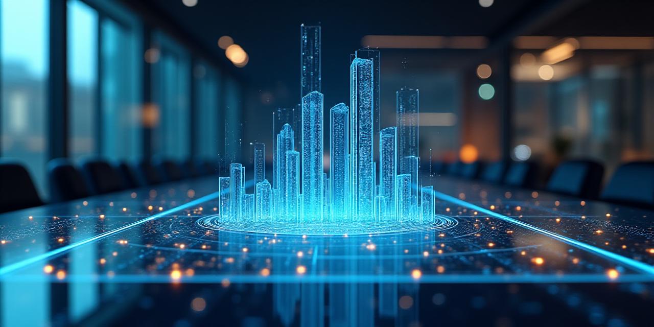 Futuristic business dashboard visualization with holographic AI interfaces